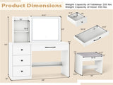 White Vanity Desk and Stool Set with Sliding Mirror & 3-Mode LED Light Strip, Anti-Toppling Dressing 57857902