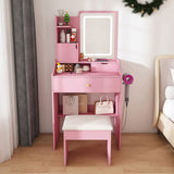 3-Color LED Vanity Mirror with Stool, Pink Dressing Table for Bedroom, 2 Drawers & 5 Storage 97085994