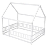 ZNTS Full Size Floor Wooden Bed with House Roof Frame, Fence Guardrails ,White 15002468