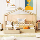 Twin Size Wooden House Bed with Two Drawers, Natural WF302181AAN