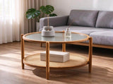 2-Tier Round Coffee Table, Water Ripple Glass Top, PE Rattan & Iron Frame, 74133085