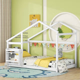 Twin Size Wooden House Bed, Twin Floor Wooden Bed with Shelf, No Box Spring , White Color, TWIN BED W69782586