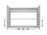 Wall cabinet 27" H, three broom hangers and metal handles, two internal shelves, two doors, white B097132881