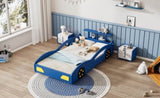 ZNTS Wooden Race Car Bed,Car-Shaped Platform Twin Bed with Wheels For Teens,Blue & Yellow WF310553AAC