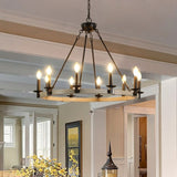 Rustic Farmhouse 10-Light Candle Chandelier, Black Metal and Wood Round Hanging Light Fixture for W1340P221222