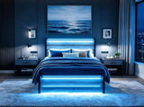 Twin Size Metal Wood Platform Bed Frame, 3-Spanel Wash Grey Wood Grain Headboard with LED Light & 55092829
