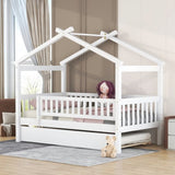Twin Size Wooden House Bed with Twin Size Trundle, White WF302178AAK