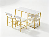 Bar Table and Stool Set 1 Table 2 Stools, White Marble Pattern MDF Tabletop & Gold Metal Frame, 19492848