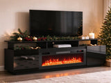 Black Fireplace TV Stand, 177.8*35*60.5cm, Embossed Particle Board with Melamine Foil, High Gloss 45796213