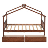 ZNTS Twin Size Wooden House Bed with Drawers, Walnut WF300799AAL