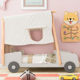 Wood Twin Size Car Bed with Pillow, Ceiling Cloth and LED, Natural WF309288AAM