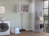 Wall cabinet 27" H, three broom hangers and metal handles, two internal shelves, two doors, white B097132881
