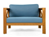 Outdoor Acacia Wood Club Wooden Armchair with Cushions , Conversation Set,Teak Finish,Blue N770P264304T