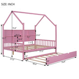 ZNTS Wooden Full Size House Bed with Trundle,Kids Bed with Shelf,Pink WF297070AAH