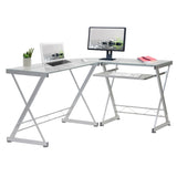 ZNTS Techni Mobili L-Shaped Tempered Glass Top Computer Desk with Pull Out Keyboard Panel, Clear RTA-3802-GLS