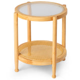 19.7in Rattan Coffee with Glass Top, Small Round End, Boho Style Side Sofa End 07678720