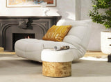 Nebula Round Burl Wood Upholstered Ottoman, Ivory White Boucle B2719P238446