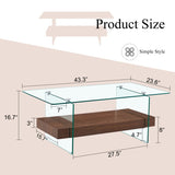 ZNTS 43.3 Inch Modern Two-Tier Coffee Table - An Elegant Combination of Clear Glass and Dark Wood Texture W2920P226069