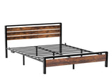 Full Size Metal Wood Platform Bed Frame, 3-Panel Fire Burnt Brown Wood Grain Headboard with LED 77349359
