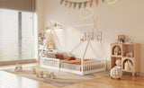 Twin Size Wood House Bed with Fence, White N709P183348K