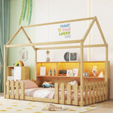 Twin Size House Bed with LED Light, Wood House Bed with Storage Bookshelf, Floor House Bed with W2593P269092