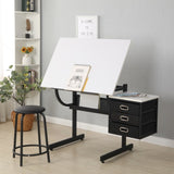 White adjustable drafting drawing table with stool and 3 drawers 26112704