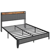 Full Size Bed Frame with Charging Station, Upholstered Headboard, Metal Platform, Grey W1960131344