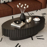 ZNTS Oval Coffee Table Handcrafted Relief Sturdy Pedestal Wooden Olive-Shaped Tea Table for Living Room W3081P255089