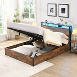 Lift-up Storage Bed Frame, Queen Size Bed Frame with Bookcase Headboard & LED Lights, Wooden W1916P184705