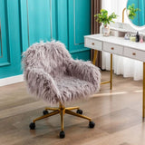 HengMing Modern Faux fur home office chair, fluffy chair for girls, makeup vanity Chair with Gold W21238272