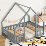 ZNTS Full Wood House-Shaped Floor Bed with Fence, Guardrails,Grey W504P143293