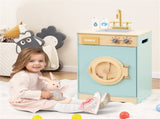 Blue Kids Wooden Toy Washing Machine Playset, Realistic Rotating Wheel & Removable Sink 28716823