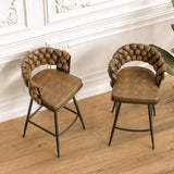 28" Technical Leather Woven Bar Stool Set of 2,Black legs Barstools No Adjustable Kitchen Island T2396P279778