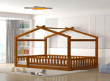 Full Size Wood Bed House Bed Frame with Fence, for Kids, Teens, Girls, Boys,Walnut WF302177AAL