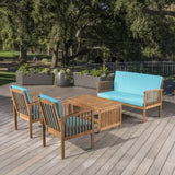 ZNTS Outdoor Acacia Wood Sofa Set with Water Resistant Cushions, 4-Pcs Set, Brown Patina / Teal 59116.00T