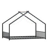 Full size children's bed frame with LED light strips, roof-shaped iron frame bed, Black,78.5" L x W1820P308331