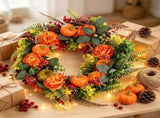 17.71 Inch Fall Artificial Wreath, PE Autumn Wreath with Pumpkins Berries and Leaves, Seasonal 44926603