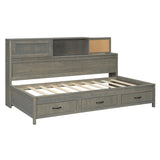 Twin Size Wooden Daybed with 3 Storage Drawers, Upper Soft Board, shelf, and a set of Sockets and N708P263524E