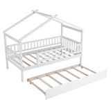 Twin Size Wooden House Bed with Twin Size Trundle, White WF302178AAK