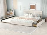 Queen Upholstered Platform Bed with Twin Size Trundle and Two Drawers, Beige 25388983