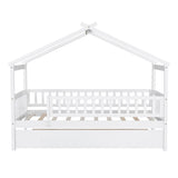 Twin Size Wooden House Bed with Twin Size Trundle, White WF302178AAK