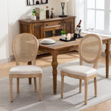A&A Furniture,French Style Solid Wood Frame Antique Painting Linen Fabric Rattan Back Dining W1143141068