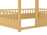 Full Size Floor Wooden Bed with House Roof Frame, Fence Guardrails W1858P310085