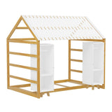 Wooden Twin Size House Bed with Fence and Roof, Kids Floor Bed with Two Movable Wardrobes, Natural N733P240134M