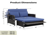Patio Rattan Daybed Set, 2-in-1 Wicker Loveseat Sofa with Multipurpose Ottoman & Retractable Side 11310805