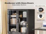 Wide Wooden File Cabinet & Bookcase, Black Embossed Melamine Faced MDF with Glass 07455653