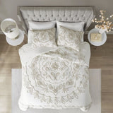 3 Piece Tufted Cotton Chenille Comforter Set Ivory/Taupe Full/Queen B03597181
