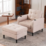 Beige Upholstered Armchair and Storage Ottoman Set - Comfortable Single Sofa with Cup Holders and W1901P149127