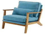 Mid-Century Oak Accent Chair - Linen-Cotton Navy Blue Upholstered Single Lounge Chair, Indoor 88345572