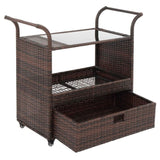 ZNTS Outdoor Patio Wicker Rattan Serving Bar Cart Sideboard On Wheels Brown Gradient 72384423